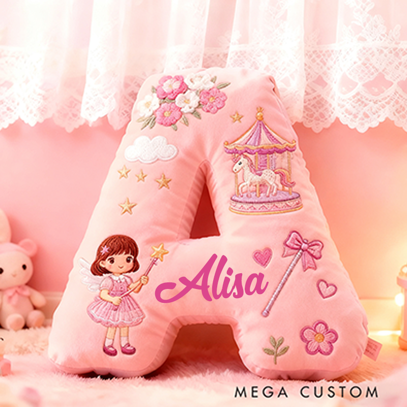 Personalized Pink Letter Christmas Gift Pillow Pink Fairy Tale Design Carousel Magic Wand Flowers and Whimsical Embroidery Graphic 3D Print Pillow