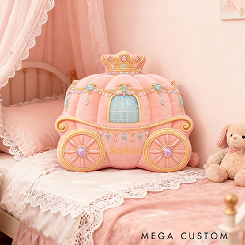 Personalized Princess Carriage Christmas Gift Pillow Soft Pastel Pink Theme and Custom Name Fairy Tale Inspired Room for Kids