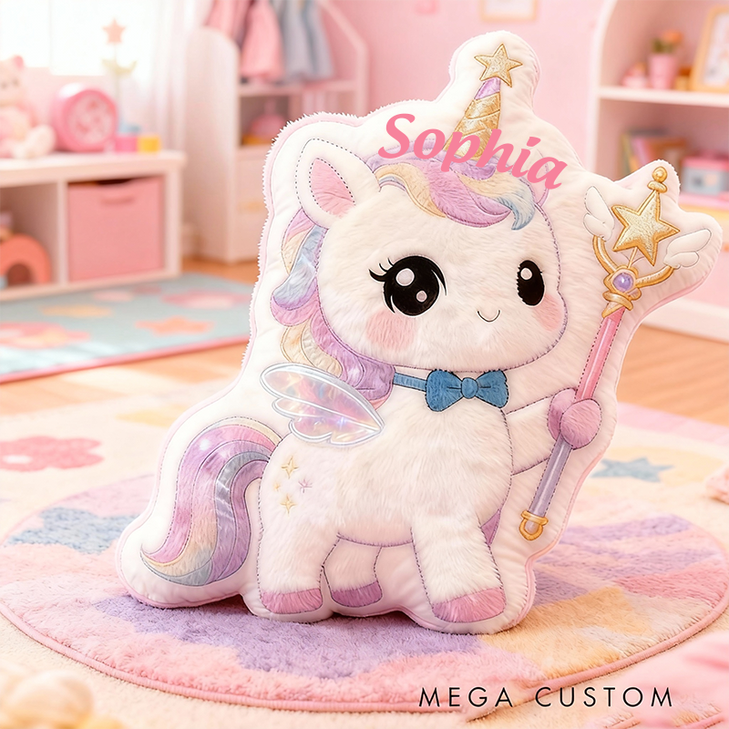 Personalized Name Pillow with Rainbow Mane Magic Wand Star Bow Tie and Glittery Wings for a Cute and Magical Design Graphic 3D Print Pillow