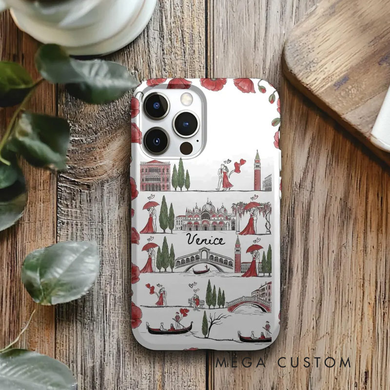 Personalized Romantic Venice Line Art Phone Case with Custom Name for Traveling Lovers 