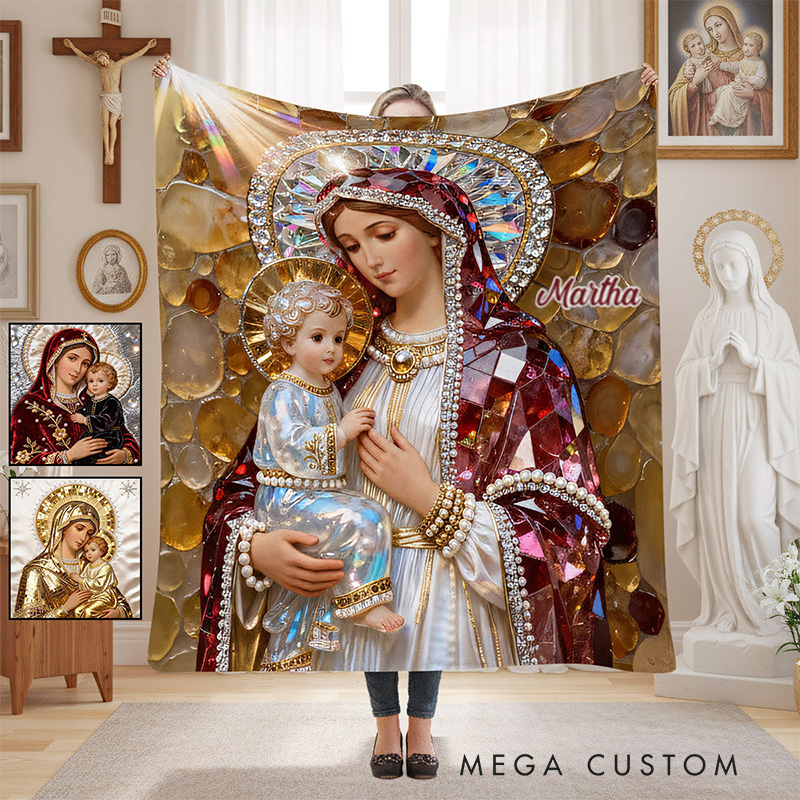 Personalized the Queen of Heaven Soft Throw Christian Blanket with Custom Name Virgin Mary and Baby Jesus Blanket Religious Gift Catholic Gift