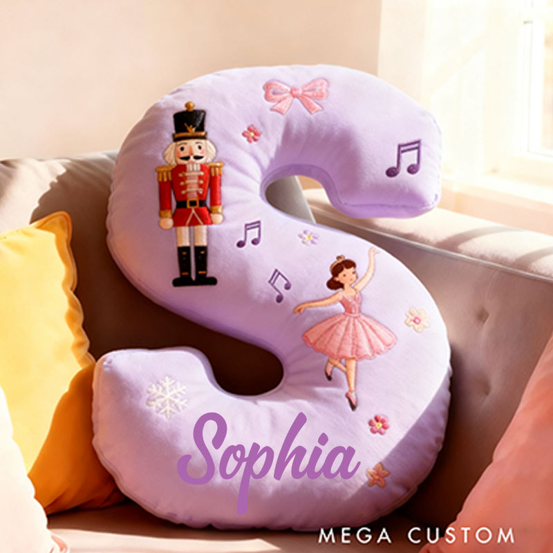 Personalized 26 Letter Purple Pillow with Nutcracker Ballerina Music Notes Snowflakes Bows and Enchanting Ballet Themed Design Graphic 3D Print Pillow