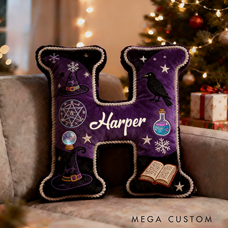 Personalized Witchy Letter Pillow Purple and Black Design and Mystical Embroidery Graphic 3D Print Pillow for Kids