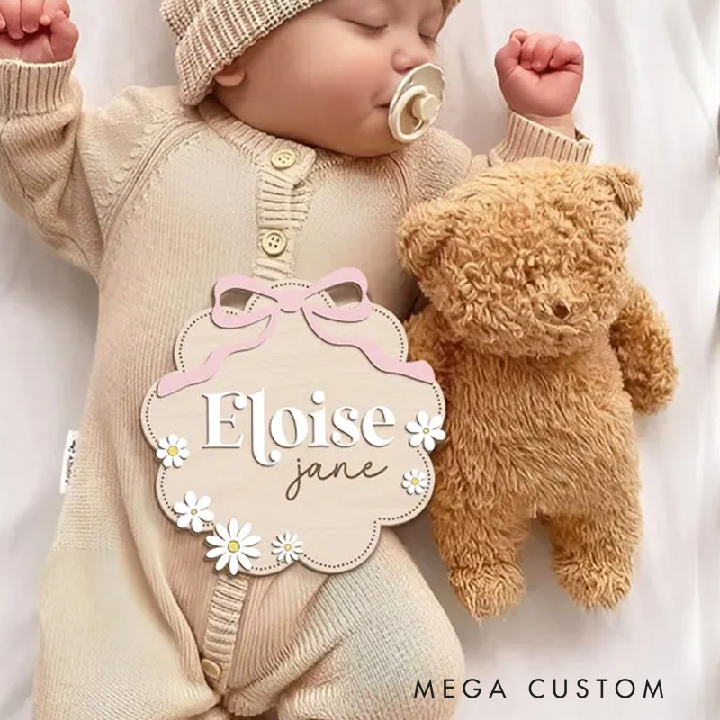 Personalized Elegant Floral Bow Pattern Custom Engraved Newborn Name Plaque Wooden Baby Announcement Sign