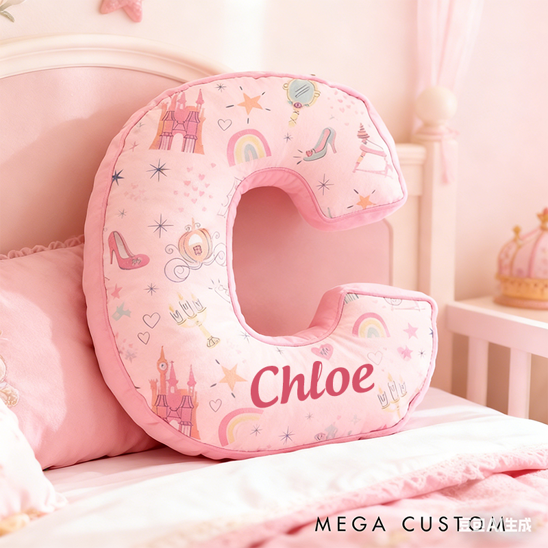Personalized 26 Letters Christmas Gift Pink Pillow with Castles Rainbows Stars and Whimsical Fairy Tale Design Graphic 3D Print Pillow for Kids