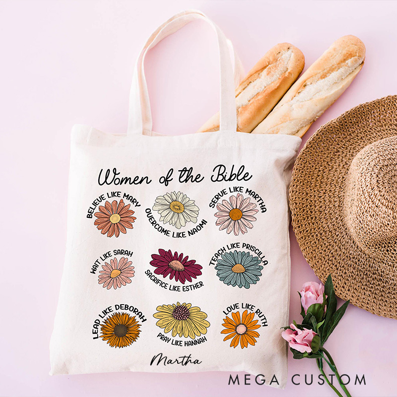 Personalized Women of the Bible Canvas Tote Bag with Custom Name Church Bible Study Daily Use Biblical Tote Floral Religious Christian Gift for Women