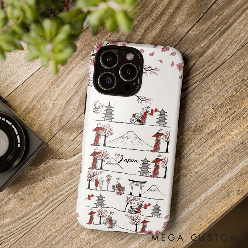 Personalized Romantic Sakura Japan Line Art Phone Case with Custom Name for Traveling Lovers 