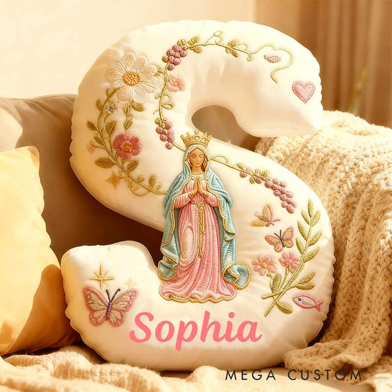 Personalized Virgin Mary Letter Pillow with Custom Name Home Decor Flower Butterfly Vine Graphic 3D Print Pillow Religious Faith Gift Catholic Gift
