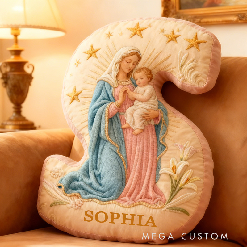 Personalized the Virgin Mary and Baby Jesus Letter Pillow with Custom Name Religious Home Decor Christian Gift Stars and Lily Graphic 3D Print Pillow