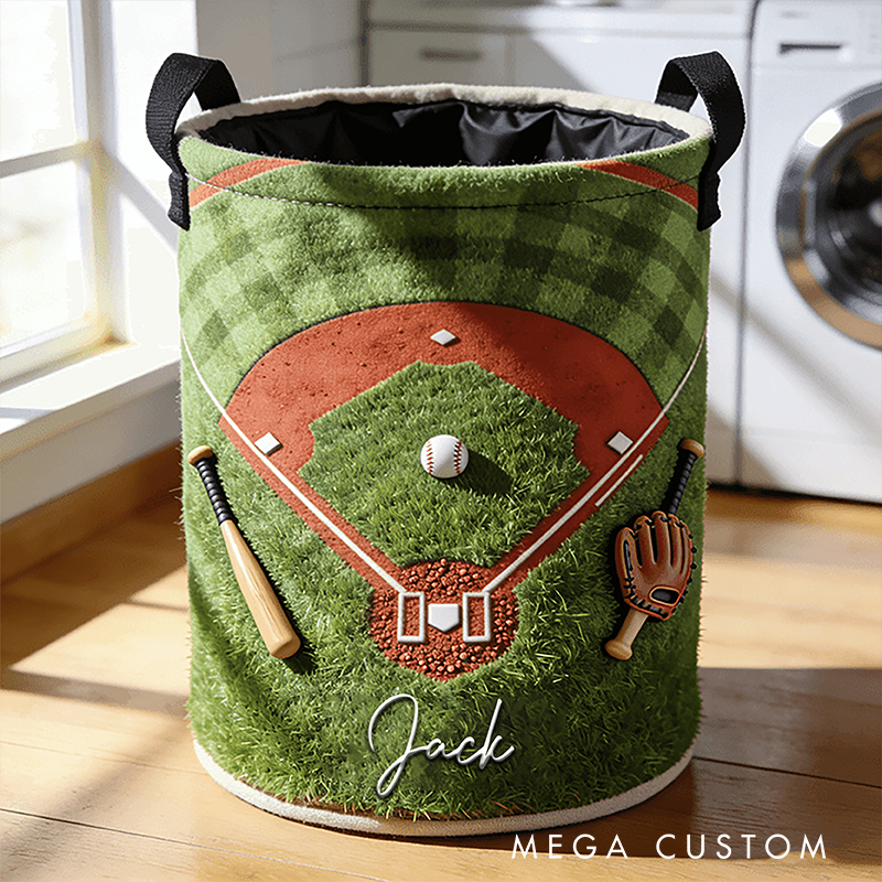 Personalized Baseball Laundry Basket with Custom Name and Field Design