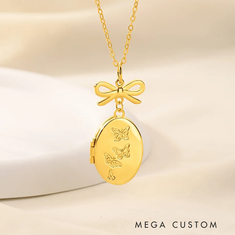 Personalized Vintage Oval Butterfly Photo Necklace with Bow Charm and Engraved Text Memorial Jewelry for Loss of Loved One