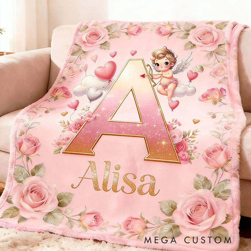 Personalized Cupid Themed Valentine's Day Gift Soft Throw Blanket with Name Home Decor Western Nursery Birthday Gift for Magic Friends