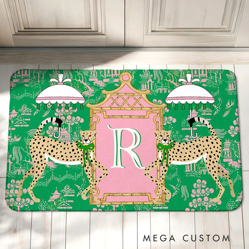 Personalized Leopard Pagoda Chinoiserie Non-Slip Door Mat with Initial Entryway Home Decor Housewarming Gift for Family