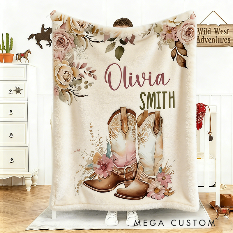 Personalized Floral Cowgirl Boots Western Soft Throw Blanket with Name Home Decor Western Nursery Birthday Gift for Cowgirls Friends