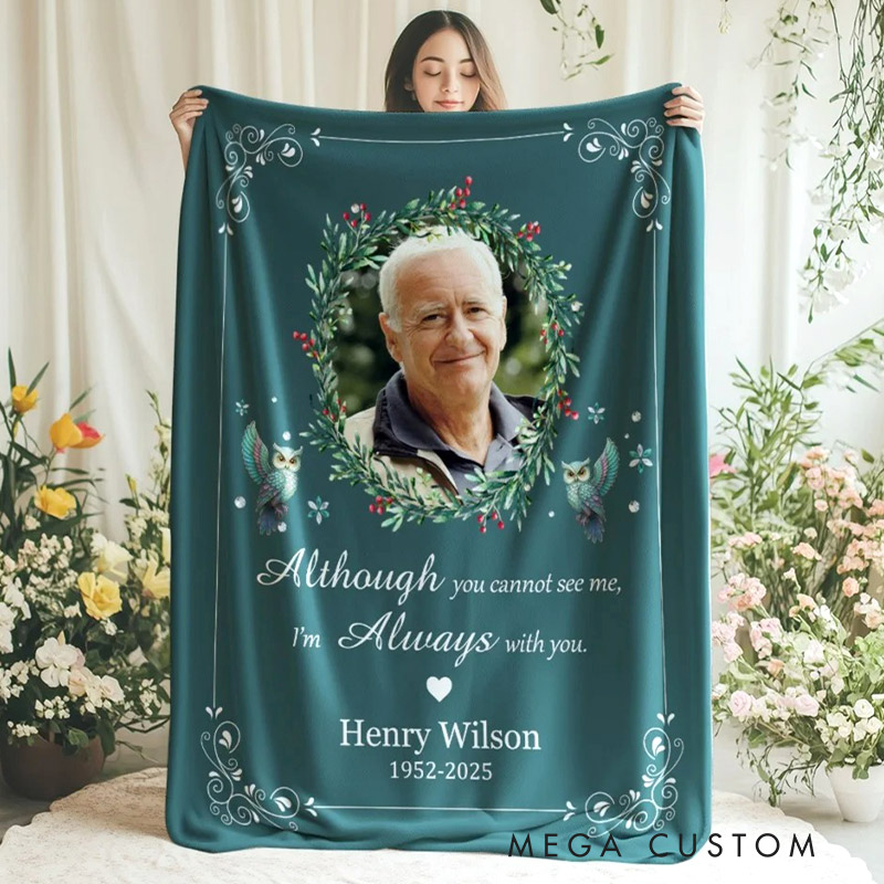 Personalized I'm Always with You Wreath Cardinal Soft Throw Blanket with Photo Name and Date Home Decor Memorial Gift for Family Friends