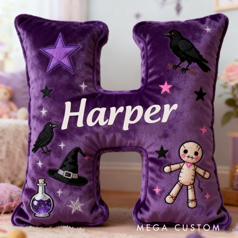 Personalized Purple Letter Pillow with Name Purple Witchy Theme and Mystical Design Graphic 3D Print Pillow
