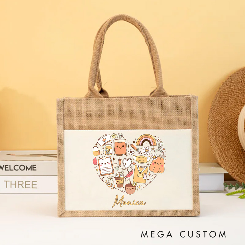 Personalised Nurse Burlap Tote Bag Heart of a Nurse Care and Kindness Design Perfect Gift for Yourself or a Loved One