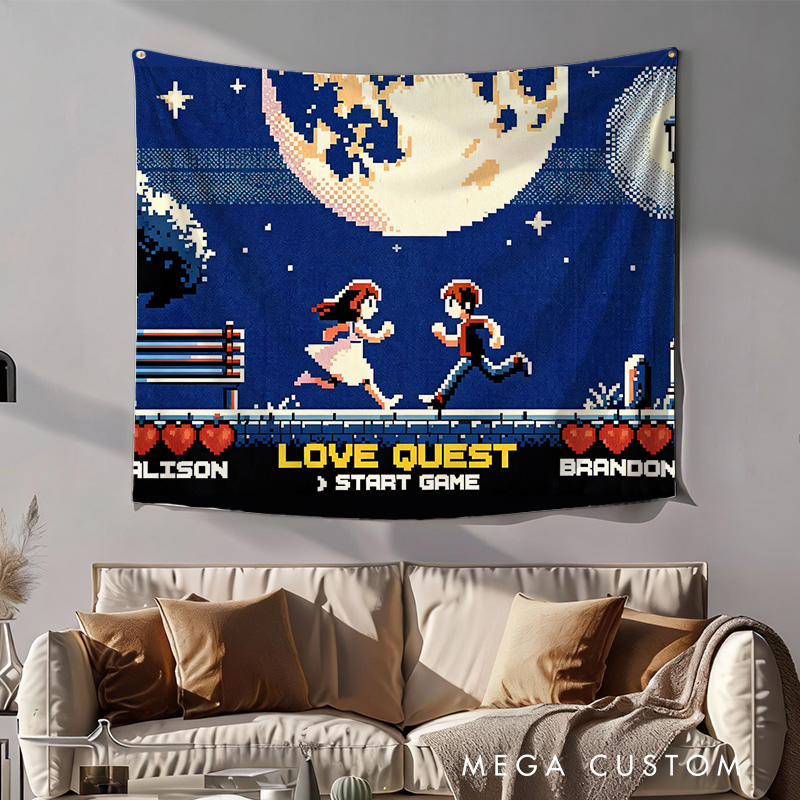 Personalized the Moon Couple Tapestry Pixel Art Video Game Tapestry Gift for Nerdy Wedding & Gaming Room Decor for Couples