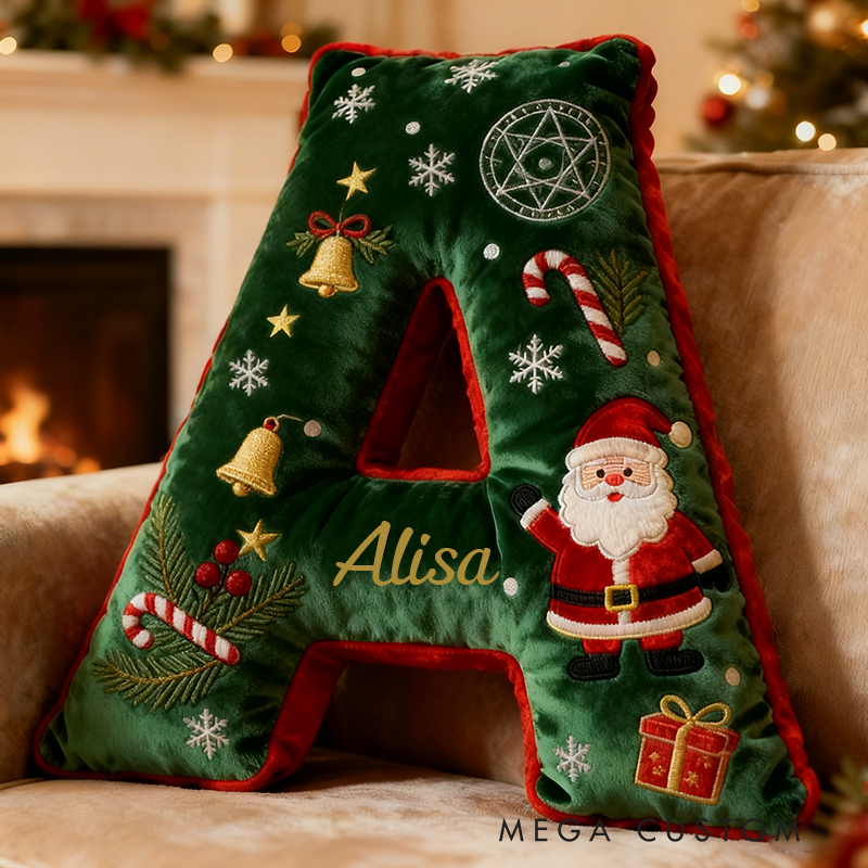 Personalized Letter Christmas Pillow with Name Festive Green and Red Design Custom Name Graphic 3D Print Pillow Christmas Gift
