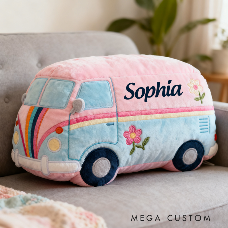 Personalized Hippie Van Pillow Pink and Blue Retro Design Floral Embroidery Boho Aesthetic Custom Pillow for Kids and Teens