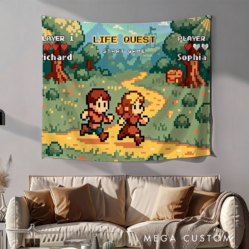Personalized Adventure Couple Tapestry Pixel Art Video Game Tapestry Gift for Nerdy Wedding & Gaming Room Decor for Couples