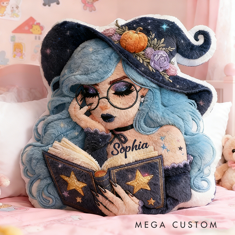 Personalized Name Witch Pillow with Magic Booka and Enchanting Mystical Design Graphic 3D Print Pillow for Kids