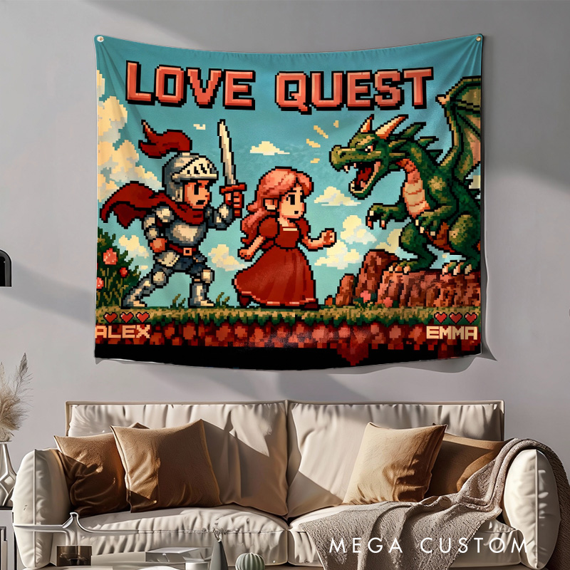 Personalized the Hero And the Dragon Couple Tapestry Pixel Art Throw Retro Video Game Tapestry Gift for Nerdy Wedding & Gaming Room Decor for Couples