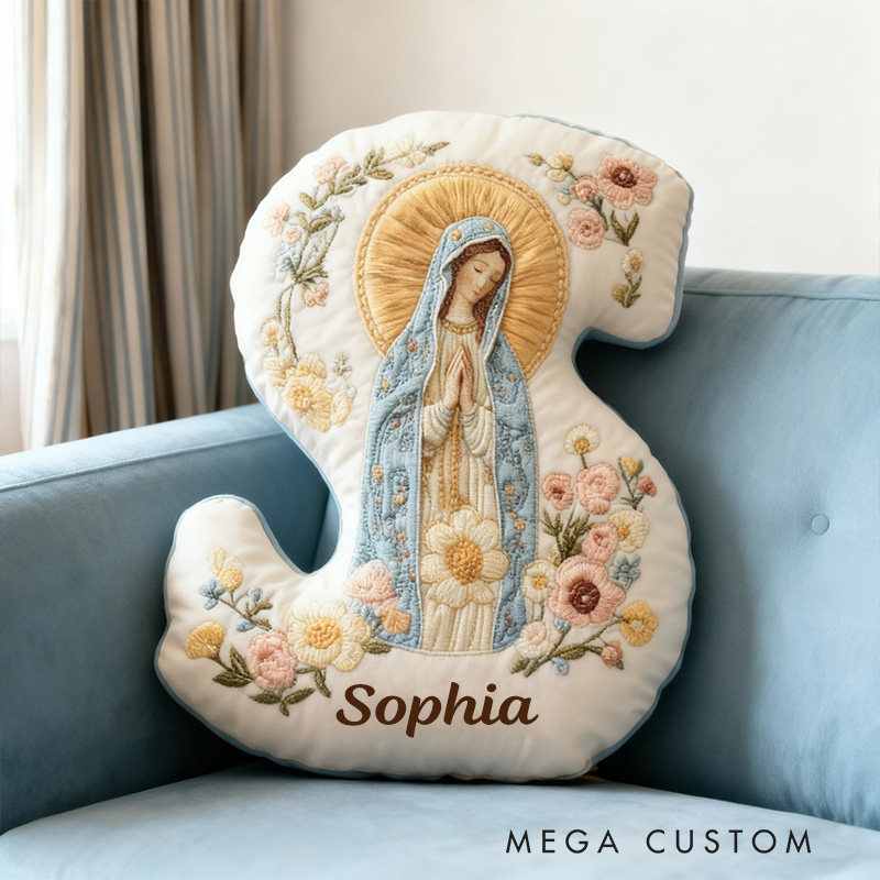 Personalized Virgin Mary Letter Pillow with Custom Name Home Decor Religious Gift for Her Catholic Gift for Women Floral Graphic 3D Print Pillow