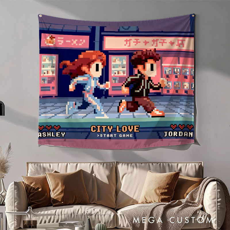 Personalized City Love Couple Tapestry Pixel Art Retro Video Game Tapestry Gift for Nerdy Wedding  Gaming Room Decor for Couples