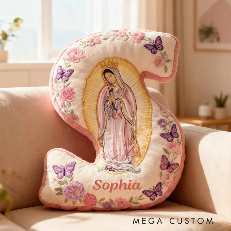 Personalized Virgin Mary Letter Pillow with Custom Name Faith Christian Home Decor Catholic Gift for Her Floral and Butterfly Graphic 3D Print Pillow