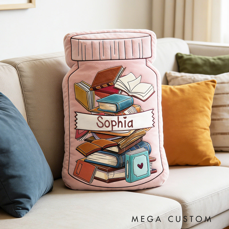 Personalized Book Jar Throw Pillow Graphic 3D Print Book Pillow with Name for Book Lover Bookish Bookworm Christmas Gift