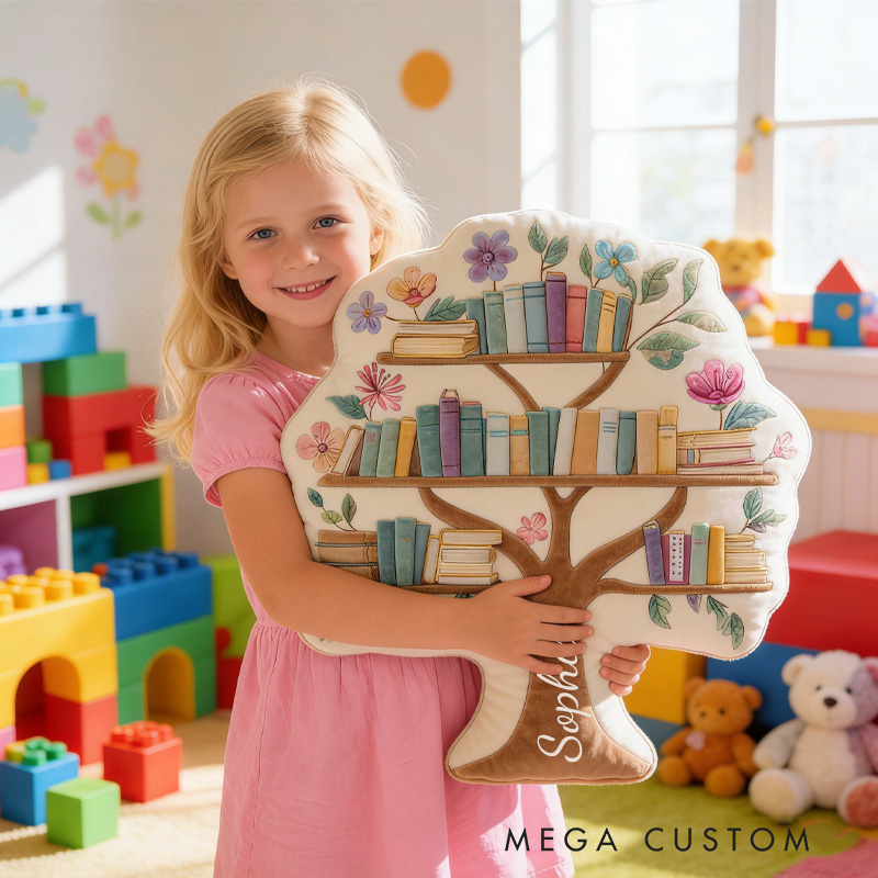 Personalized Tree Bookshelf Throw Pillow Graphic 3D Print Floral Bookshelf Pillow with Name for Book Lover Bookish Bookworm Reader Christmas Gift