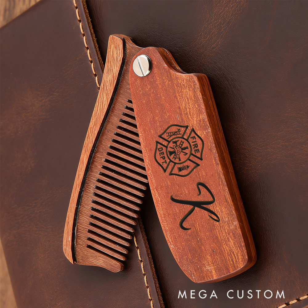 Personalized Wooden Beard Comb Firefighter Design with Custom Initial Gift