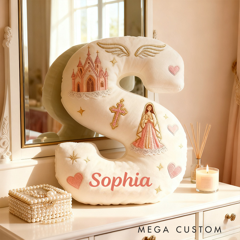 Personalized Virgin Mary Letter Pillow with Custom Name Kid Room Decor Church Cross Angel Wing Religious Faith Gift for Her Graphic 3D Print Pillow