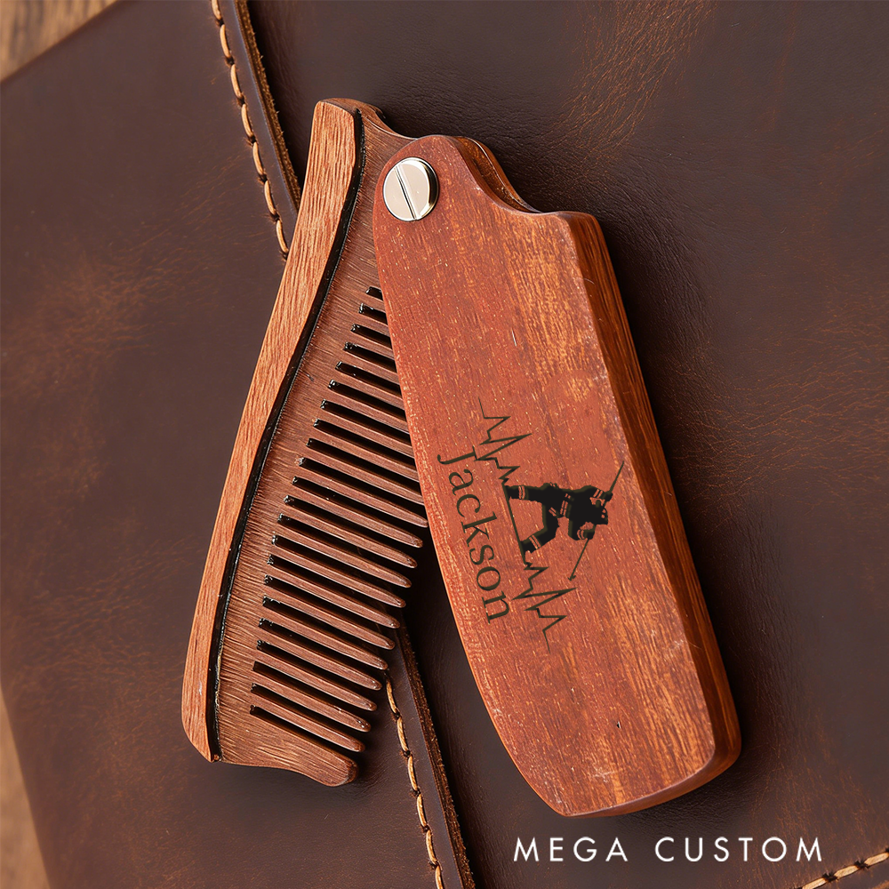 Personalized Wooden Beard Comb Firefighter Silhouette with Custom Name Gift