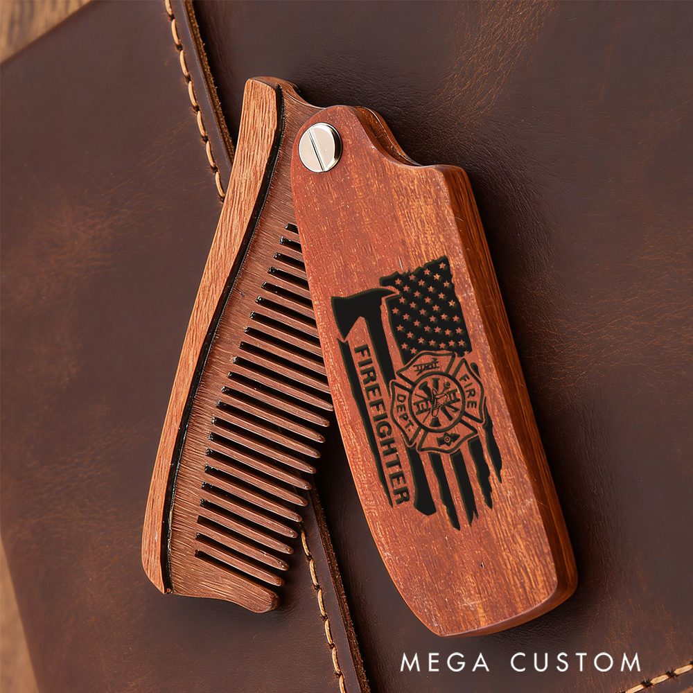Personalized Wooden Beard Comb Firefighter Emblem with American Flag Design