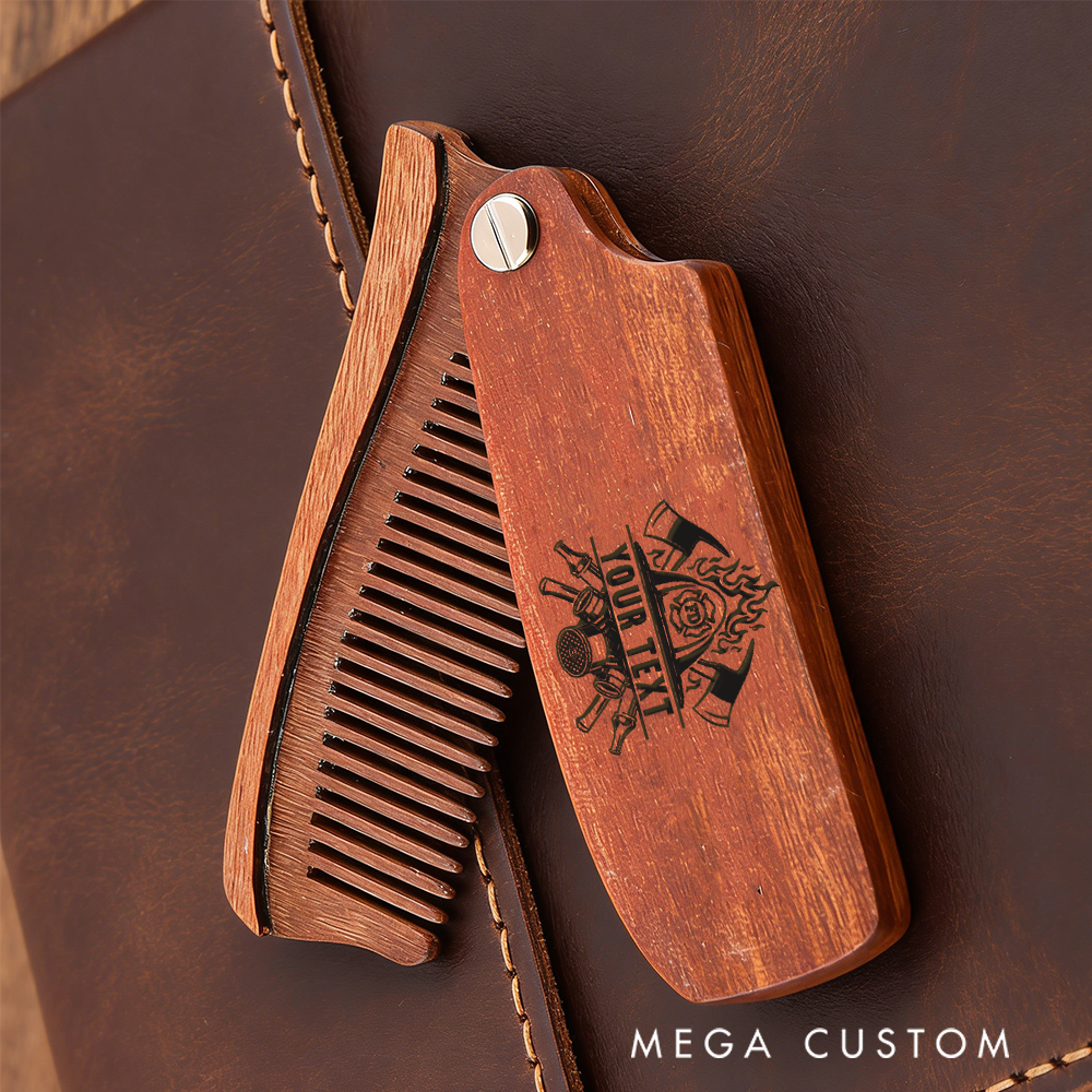 Personalized Wooden Beard Comb Custom Firefighter Design with Engraved Text