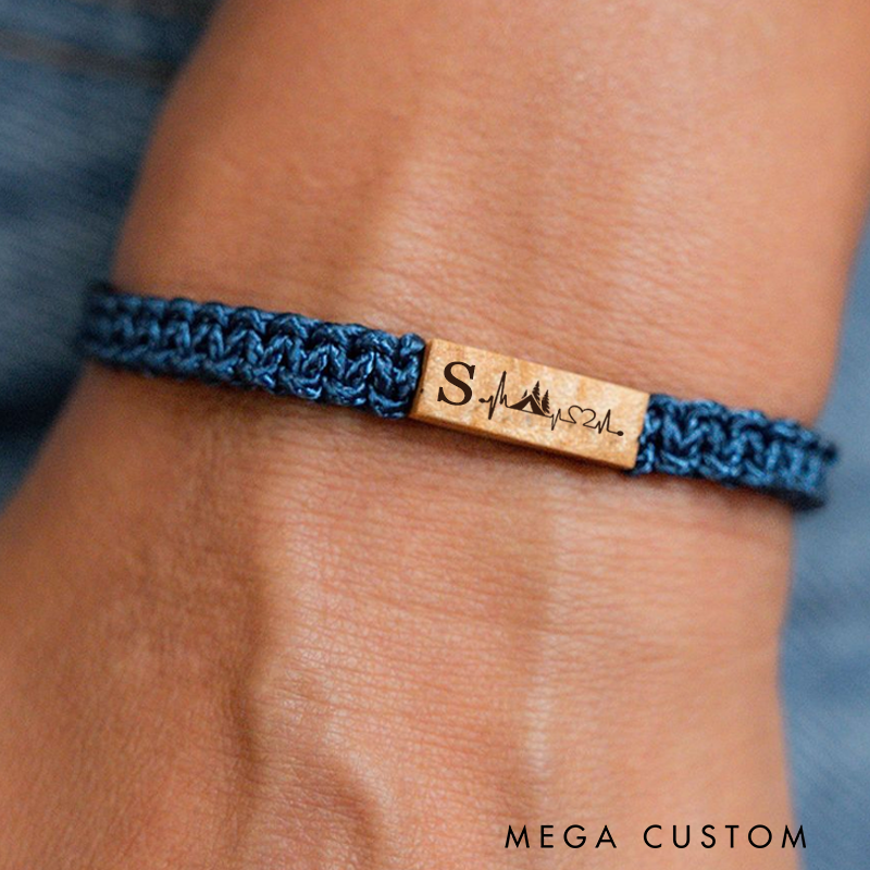 Personalized Initial Bracelet with Heartbeat Wooden Camping Bracelets Outdoor Adventure Lover Gifts