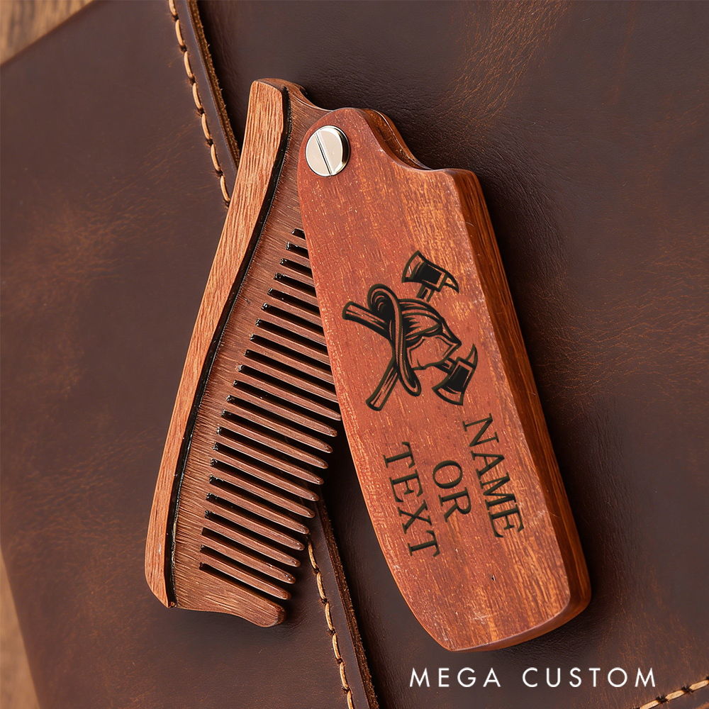 Personalized Wooden Beard Comb Custom Firefighter Ax Design with Name Text