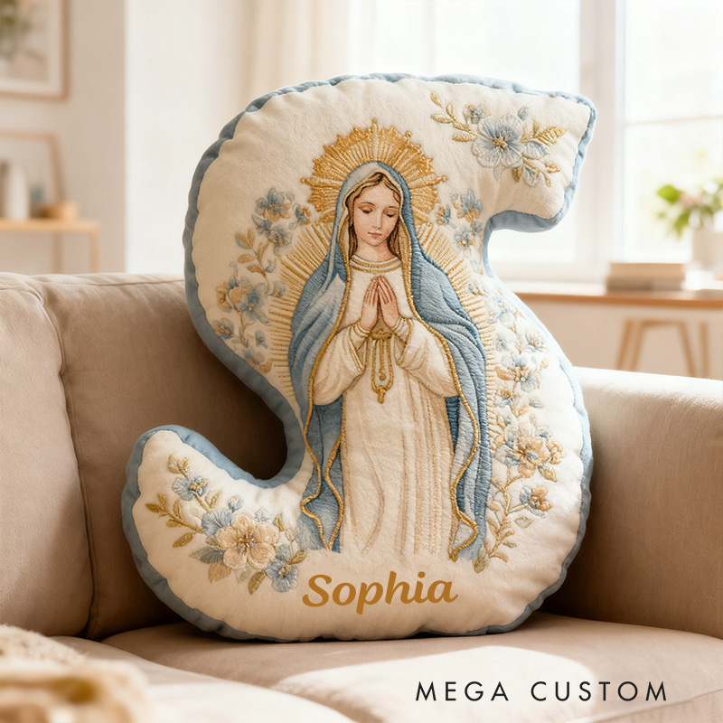 Personalized Virgin Mary Letter Pillow with Custom Name Religious Home Decor Catholic Gift for Her Prayer & Faith Gift Floral Graphic 3D Print Pillow