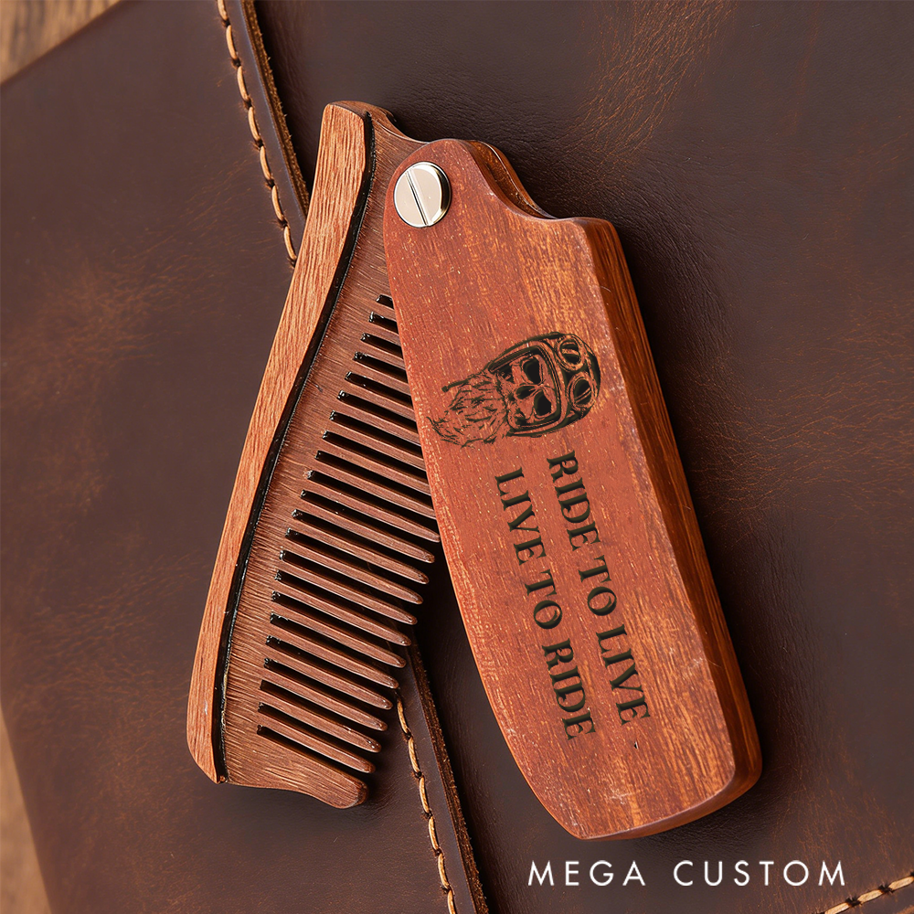 Personalized Wooden Beard Comb Custom Text Biker Design