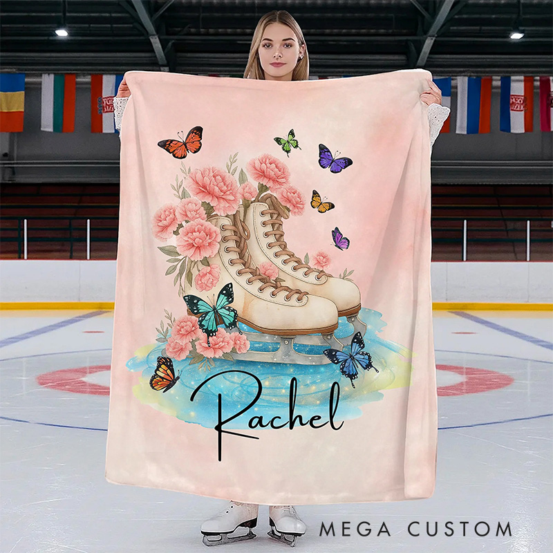 Personalized Birth Flower Ice Skates Blanket Flannel Blanket Figure Skater Blanket with Name for Ice Skating Lovers Birthday Gift for Girls
