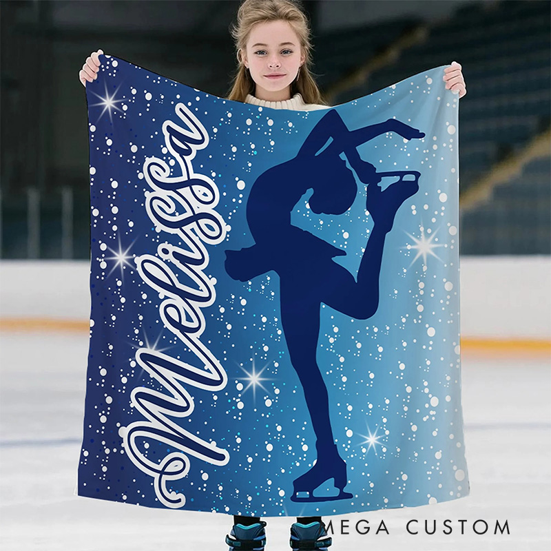 Personalized Skating Girl Silhouette Blanket Flannel Blanket Figure Skater Blanket with Name for Ice Skating Lovers Birthday Gift for Girls