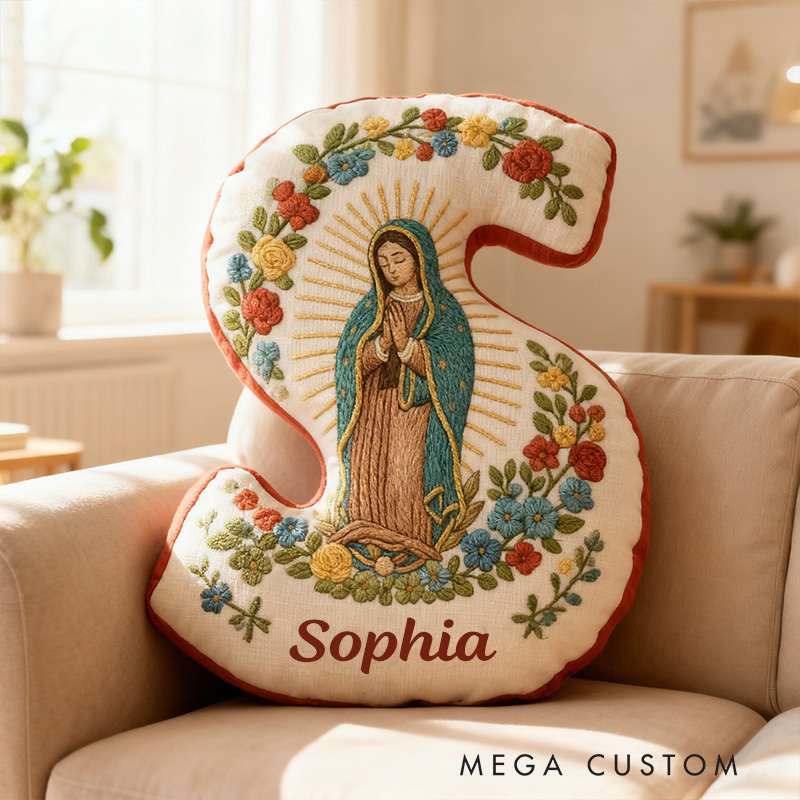 Personalized Virgin Mary Letter Pillow with Custom Name Faith Christian Home Decor Catholic Gift for Her Our Lady of Guadalupe Floral Graphic 3D Print