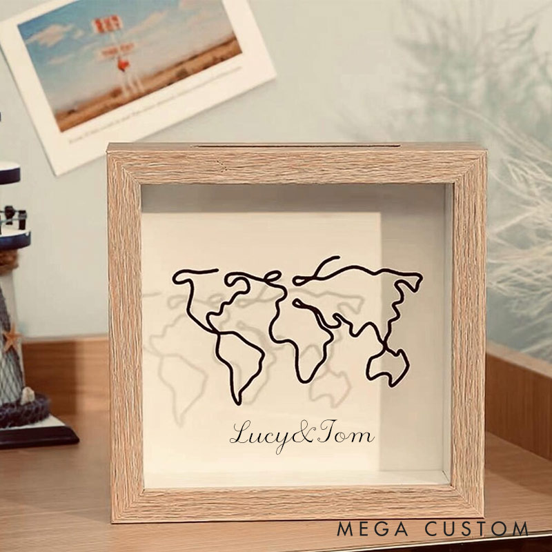 Personalized World Map Ticket Memory Box Travel Keepsake Display for Travel Lovers