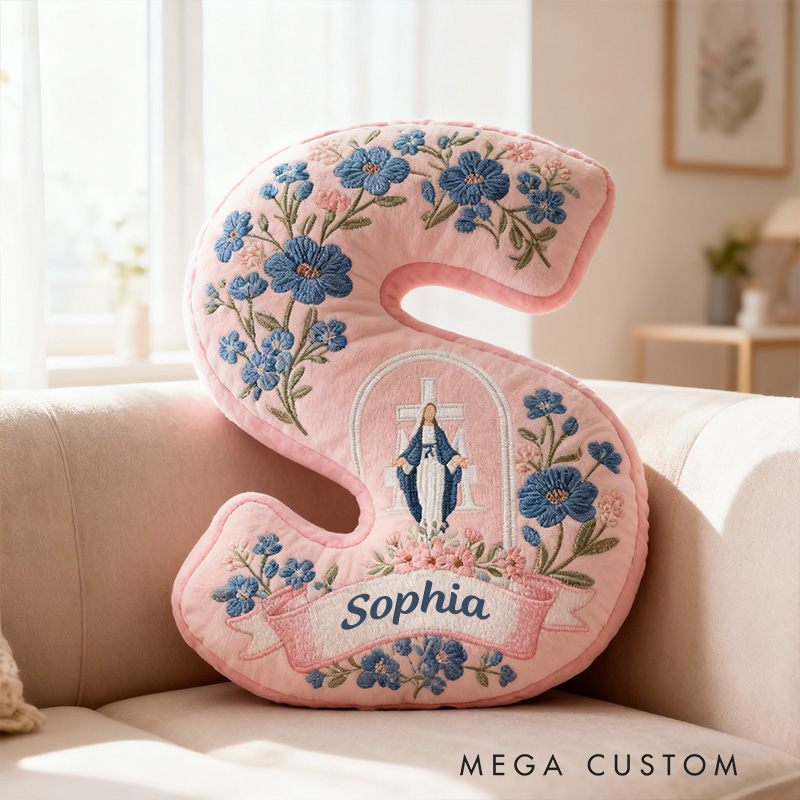 Personalized Virgin Mary Letter Pillow with Custom Name Home Decor Religious Gift Catholic Gift for Her Cross and Marian Graphic 3D Print Pillow