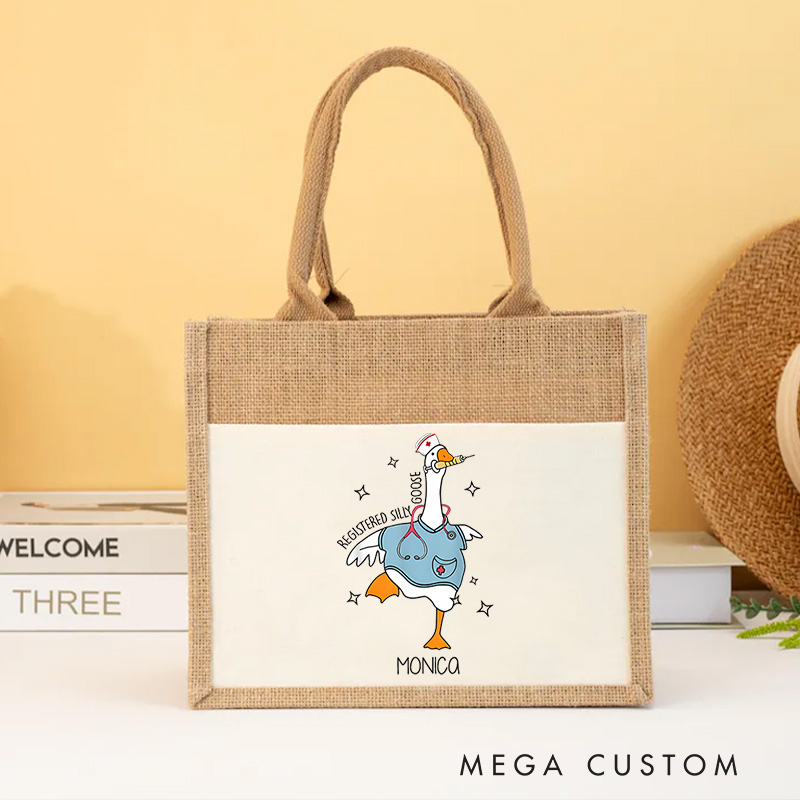 Personalised Nurse Burlap Tote Bag Registered Silly Goose Design Perfect Gift for Yourself or a Loved One