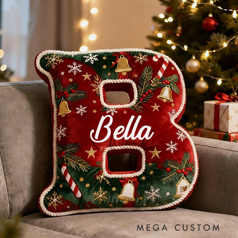 Personalized Christmas Initial Pillow Graphic 3D Print Custom Name Festive Holiday Decor Cozy Home Accent Soft Cushion Gift for Kids Family