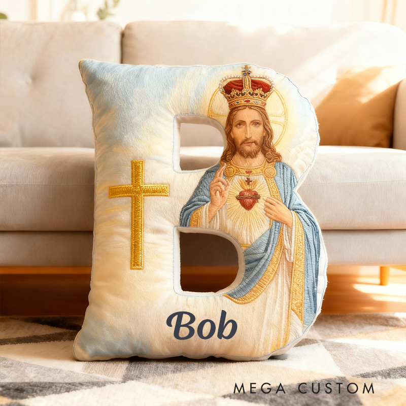 Personalized the Sacred Heart of Jesus Letter Pillow with Custom Name Religious Home Decor Christian Gift for Prayer & Faith Graphic 3D Print Pillow