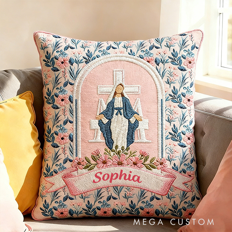 Personalized Virgin Mary Floral Pillow with Custom Name Home Decor Religious Gift Catholic Gift for Her Cross and Marian Graphic 3D Print Pillow